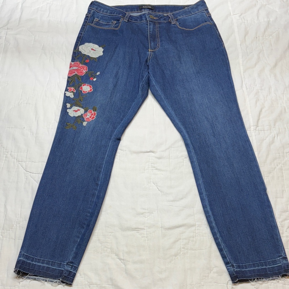 Buffalo David Bitton Hope Skinny Ankle Jeans Floral Embroidered Raw Hem Blue W31